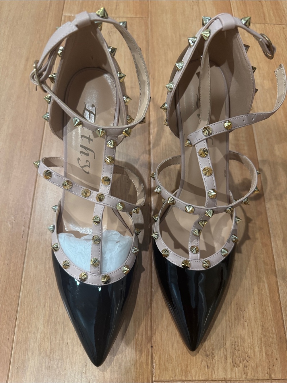Pointed Patent Toe Studded Strappy Heels in Black and Nude